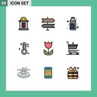 Mobile Interface Filledline Flat Color Set of 9 Pictograms of macro camera bottle weather temperature Editable Vector Design Elements