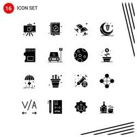 Pack of 16 Modern Solid Glyphs Signs and Symbols for Web Print Media such as sd cresent cufflink moon light Editable Vector Design Elements