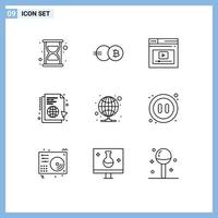 Group of 9 Outlines Signs and Symbols for hosting internet page globe learning Editable Vector Design Elements