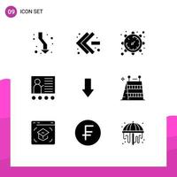 paquete de 9 signos y símbolos de glifos sólidos modernos para medios de impresión web, como elementos de diseño de vectores editables de pizarra de educación de engranajes de presentación de flechas
