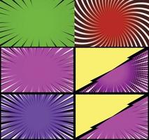 Comic book colorful frames background with halftone rays radial and dotted effects pop art style vector