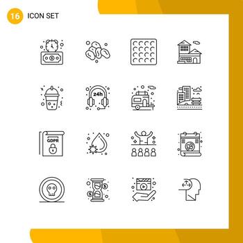 Set of 16 Modern UI Icons Symbols Signs for hours fast food wafer frappe building Editable Vector Design Elements