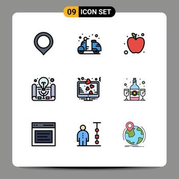 Group of 9 Filledline Flat Colors Signs and Symbols for heart project management summer project idea active learning Editable Vector Design Elements