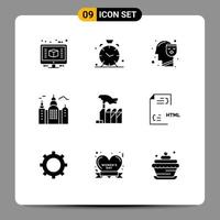 Modern Set of 9 Solid Glyphs Pictograph of domination autocracy human canada building Editable Vector Design Elements