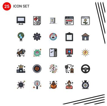 Paquete de color plano de 25 líneas llenas de interfaz de usuario de signos y símbolos modernos del informe de la página web del navegador Elementos de diseño de vectores editables novedosos web