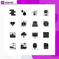 Set of 16 Commercial Solid Glyphs pack for heartbeat ecg lips stick science world Editable Vector Design Elements