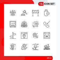 Universal Icon Symbols Group of 16 Modern Outlines of cardiology stick construction remove devices Editable Vector Design Elements