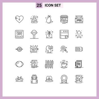 Modern Set of 25 Lines Pictograph of store open alligator pear shop online Editable Vector Design Elements