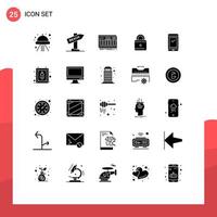 Group of 25 Solid Glyphs Signs and Symbols for smart phone security controller lock sound Editable Vector Design Elements