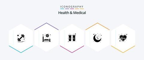 Health And Medical 25 Glyph icon pack including heart. rest time. blood. sleep. moon vector