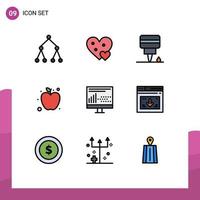 Set of 9 Commercial Filledline Flat Colors pack for programing design engine coding fruit Editable Vector Design Elements