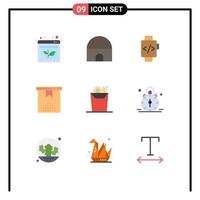 9 User Interface Flat Color Pack of modern Signs and Symbols of cup noodle watch present event Editable Vector Design Elements