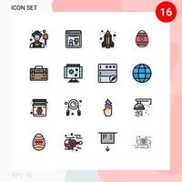 Modern Set of 16 Flat Color Filled Lines Pictograph of motivation office bag rocket bag holiday Editable Creative Vector Design Elements