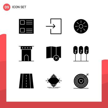 Set of 9 Vector Solid Glyphs on Grid for map clear kiwi interior monument column Editable Vector Design Elements