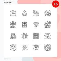 Set of 16 Modern UI Icons Symbols Signs for physics science fast food atom holi Editable Vector Design Elements