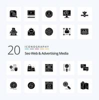 20 web de seo y paquete de iconos de glifo sólido de medios publicitarios como encontrar datos de seo de anuncios de compras de tecnología vector