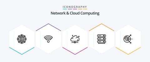 paquete de iconos de 25 líneas de red y computación en la nube que incluye computadora. red. nube. datos. tecnología vector