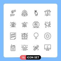 Pictogram Set of 16 Simple Outlines of power house fingerprint home scanner Editable Vector Design Elements