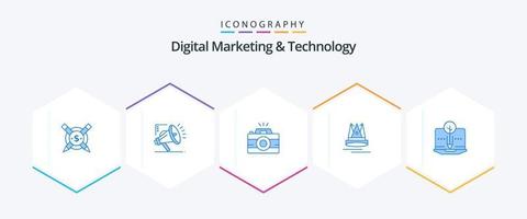 marketing digital y tecnología 25 paquete de iconos azules que incluye contenido. marketing. cámara. educación. prima vector