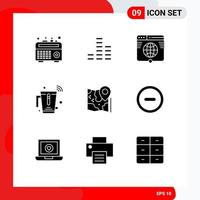 Modern Set of 9 Solid Glyphs Pictograph of pin internet link wifi juice Editable Vector Design Elements