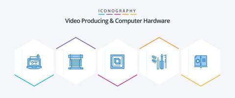 Paquete de 25 íconos azules de producción de video y hardware de computadora que incluye ingeniería. reparar UPC. procesador. UPC vector