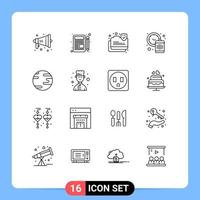 Pack of 16 Modern Outlines Signs and Symbols for Web Print Media such as globe waste connection time clock Editable Vector Design Elements