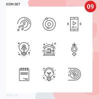 Mobile Interface Outline Set of 9 Pictograms of auction hammer idea multimedia funding crowd funding Editable Vector Design Elements