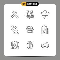 Mobile Interface Outline Set of 9 Pictograms of monitor desk down computer plus Editable Vector Design Elements