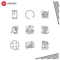 Group of 9 Modern Outlines Set for flask mind aim protect head Editable Vector Design Elements