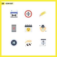 Mobile Interface Flat Color Set of 9 Pictograms of map mobile soldier comet meteor Editable Vector Design Elements