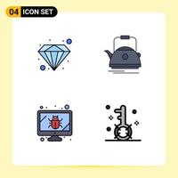 4 Universal Filledline Flat Colors Set for Web and Mobile Applications diamond monitor tea camping security Editable Vector Design Elements