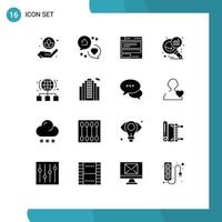 Universal Icon Symbols Group of 16 Modern Solid Glyphs of internet search stats file graph magnifying data analyzing Editable Vector Design Elements