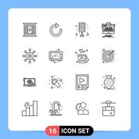 Group of 16 Outlines Signs and Symbols for processing monitor light admin home Editable Vector Design Elements