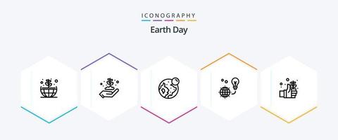 paquete de iconos de 25 líneas del día de la tierra que incluye el día. tierra. globo. bombilla. verde vector