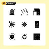 Set of 9 Vector Solid Glyphs on Grid for application setting desk drawer science atom Editable Vector Design Elements