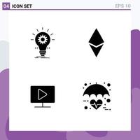 Group of 4 Solid Glyphs Signs and Symbols for bulb monitor innovation cryptocurrency video Editable Vector Design Elements