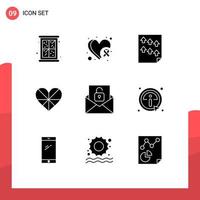 Mobile Interface Solid Glyph Set of 9 Pictograms of gift like data love report Editable Vector Design Elements