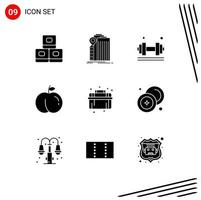 Group of 9 Modern Solid Glyphs Set for plumbing mechanical dumbell peach weight lifter Editable Vector Design Elements