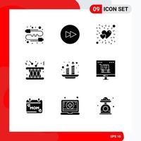 Mobile Interface Solid Glyph Set of 9 Pictograms of candles instrument bright multimedia drum Editable Vector Design Elements