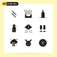 Pictogram Set of 9 Simple Solid Glyphs of digital dollar drink eye danger Editable Vector Design Elements