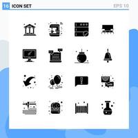 Pack of 16 Modern Solid Glyphs Signs and Symbols for Web Print Media such as computer scale smart tool level Editable Vector Design Elements