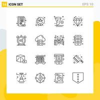 Modern Set of 16 Outlines Pictograph of alarm jewel add investment filter Editable Vector Design Elements