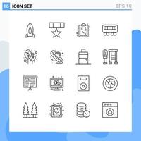 Group of 16 Modern Outlines Set for event train military railway tactics Editable Vector Design Elements