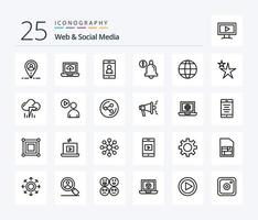 paquete de iconos de 25 líneas web y redes sociales que incluye el mundo. campana. alerta . vector