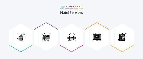 Hotel Services 25 Glyph icon pack including travel. passport. dumbbell. tv. screen vector