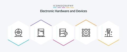 Paquete de iconos de 25 líneas de dispositivos que incluye electrónica. altavoz. aprobar. música. datos vector