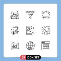 Pack of 9 Modern Outlines Signs and Symbols for Web Print Media such as server sharing green share time Editable Vector Design Elements