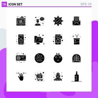 Set of 16 Vector Solid Glyphs on Grid for mail envelope gear mail communication Editable Vector Design Elements