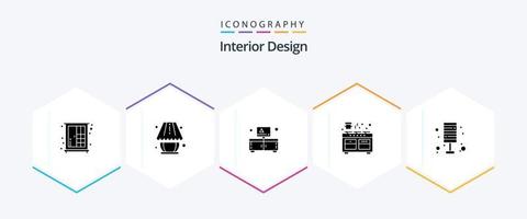 paquete de iconos de 25 glifos de diseño de interiores que incluye luz. cacerola. gabinete. horno. Horno vector