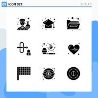 Modern Set of 9 Solid Glyphs Pictograph of powder measurement files coffee lock Editable Vector Design Elements